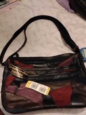 Patchwork Genuine Leather Shoulder Handbag Purse In Black, Red, Brown NWT VTG